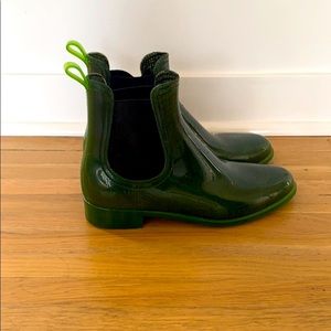 Green and black rain booties